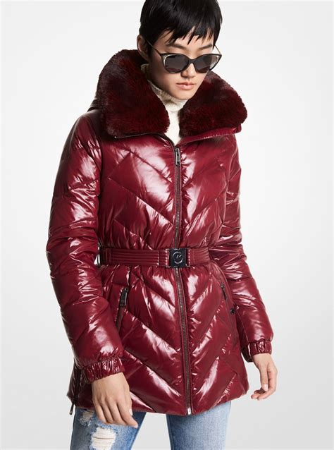 michael michael kors belted faux-fur-trim puffer coat red|Michael Kors down puffer coat.